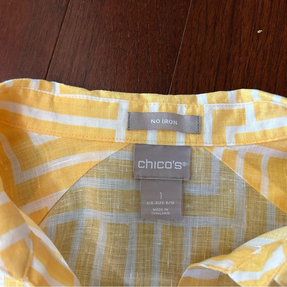 Chico's No-Iron button-down shirt 100% linen size 1 yellow 3/4 sleeve - Picture 8 of 10